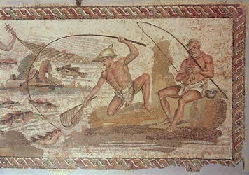 Homens pescando no Nilo, da Villa Nile, Leptis Magna (mosaico)
